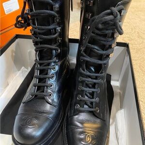 CHANEL Black Leather Lace-Up Boots